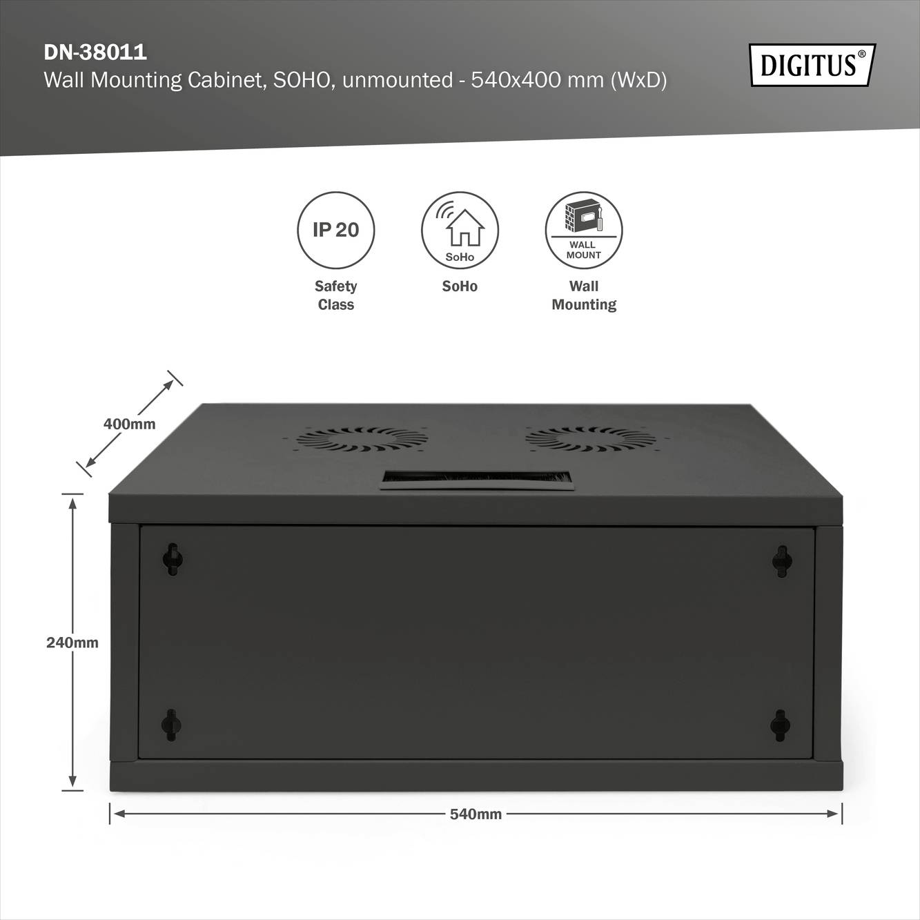 Vægmonteret skab DN-38011, umonteret, mål 540x400 mm, beskyttelsesklasse IP20, egnet til kontor- og boligformål, sort.