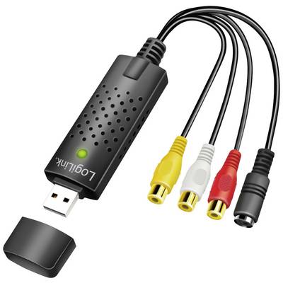 En USB-adapter med flere farvede kabler: gul, hvid, rød til lyd/video og sort til strøm; bruges til tilslutning af enheder.