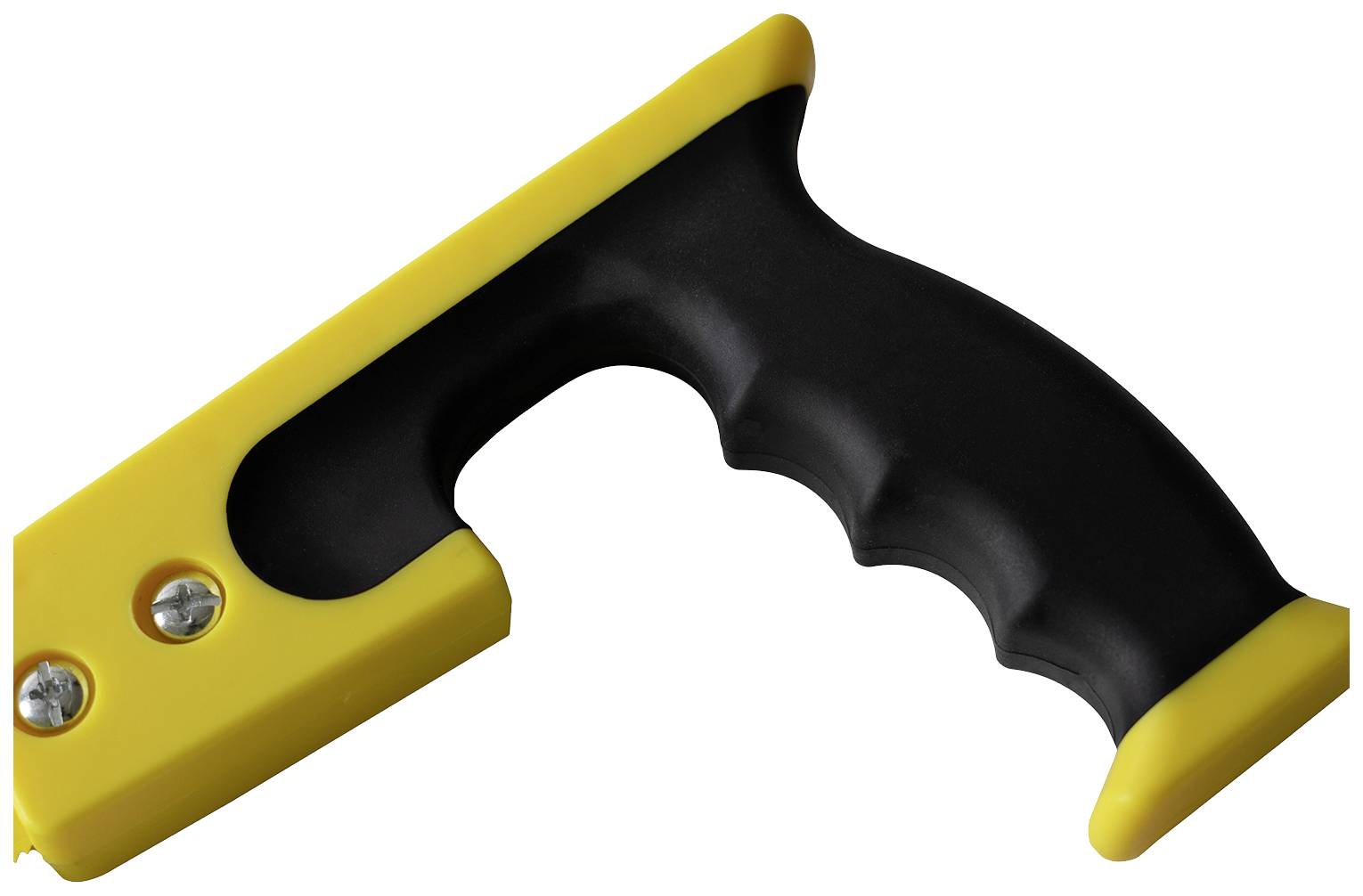 Gul og sort ergonomisk håndtag til et værktøj med plastikbetræk og synlige skruer.