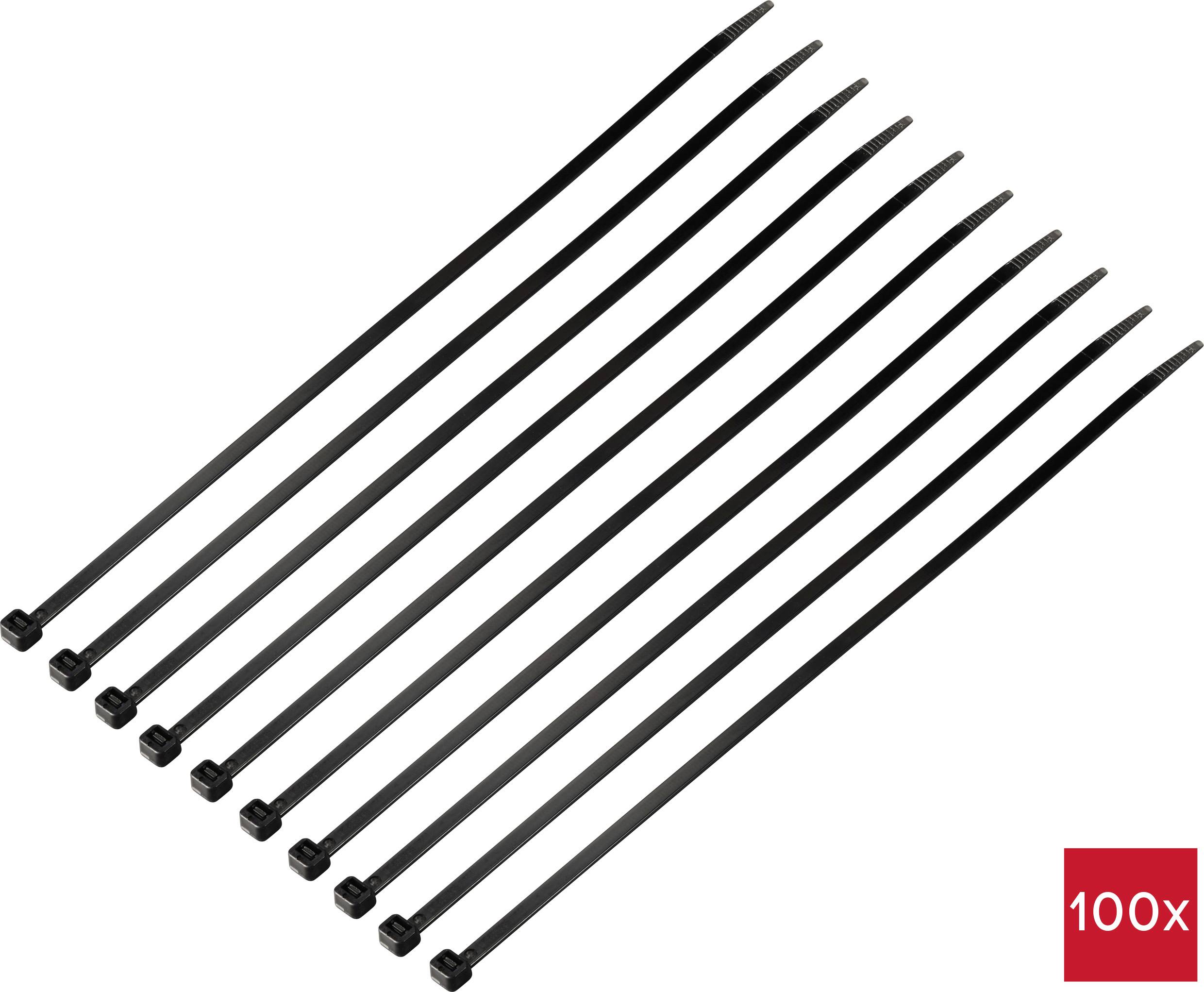 Sorte plastik kabelbindere arrangeret i en række, med etiketten '100x' i nederste højre hjørne.