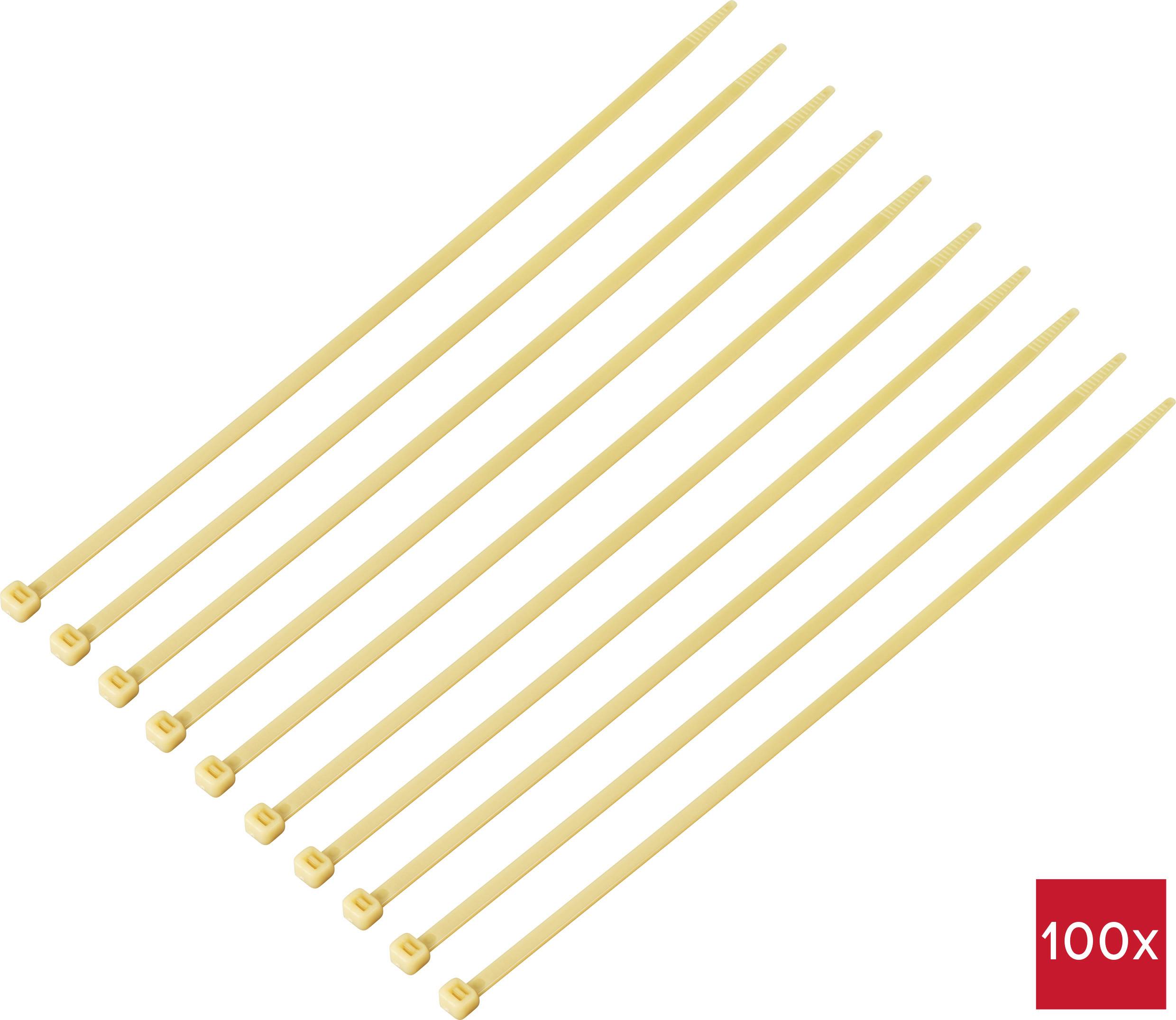 Elleve beige kabelstrips ved siden af hinanden på hvid baggrund, i nederste højre hjørne et rødt kvadrat med teksten '100x'.
