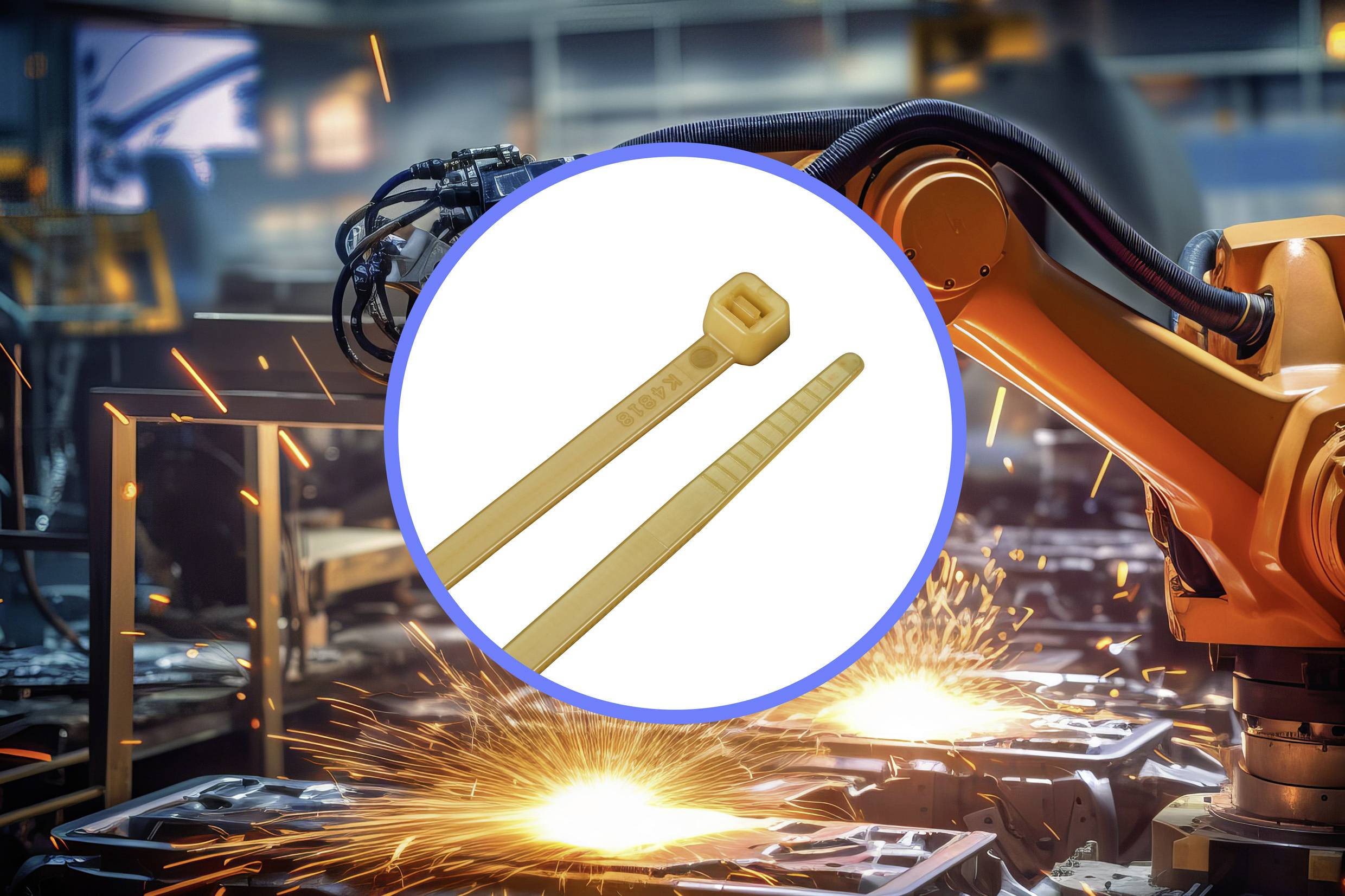 En gul kabelbinder er vist i forgrunden. I baggrunden arbejder en orange robotarm i en fabrik, mens gnister sprøjter.