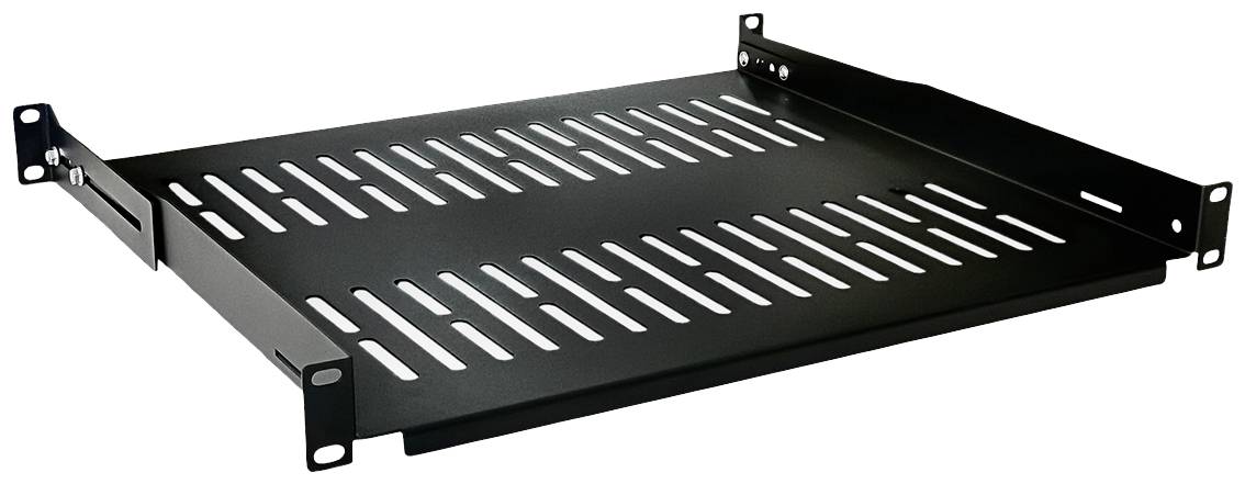 Et ventileret, sort metalstativ, egnet til montering i et serverrack til placering af udstyr eller tilbehør.