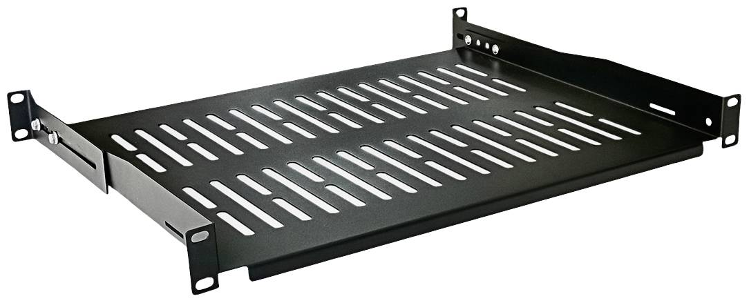 Hylde til et 19-tommers rack med ventilationshuller, sort, til montering af udstyr i serverrummet.