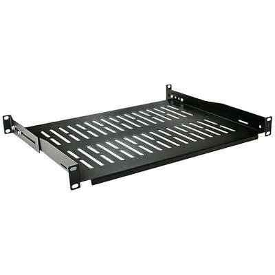 Hylde til et 19-tommers rack med ventilationshuller, sort, til montering af udstyr i serverrummet.