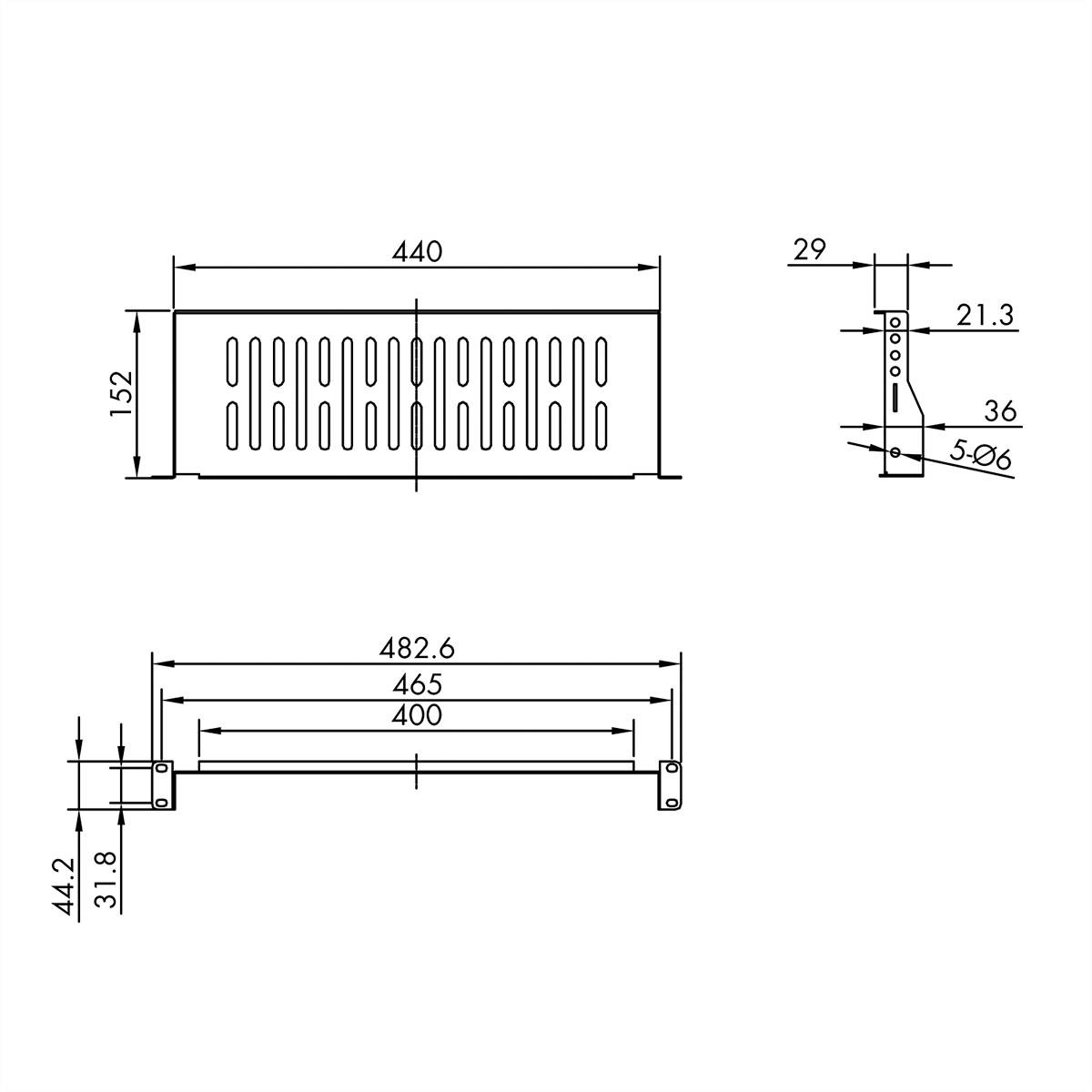 Teknisk tegning af et rektangulært ventilationsgitter med dimensioner: Bredde 440 mm, højde 152 mm. Inkluderer sido- og frontvisning.