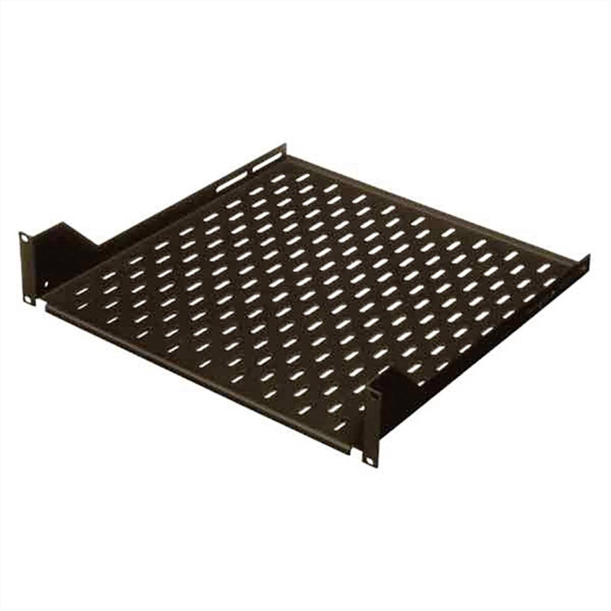 Metalreol med huller til bedre ventilation, egnet til brug i serverstativer eller -skabe.