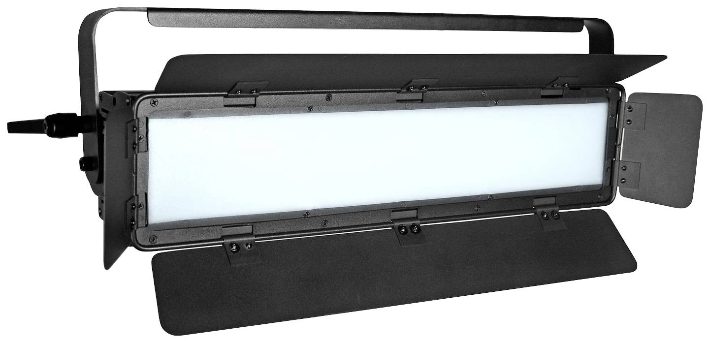 Et rektangulært, metallisk LED-lyspanel med justerbare lameller til lysstyring, primært anvendt inden for fotografi og film.