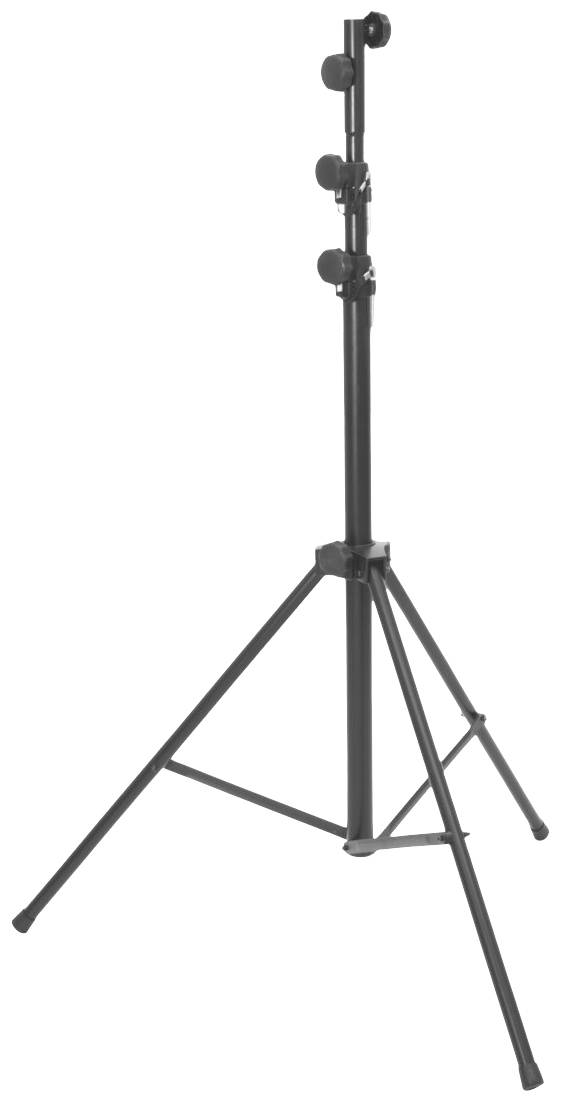 Et sort trebenet stativ med justerbar højde og robust design, egnet til fotografi- eller belysningsformål.