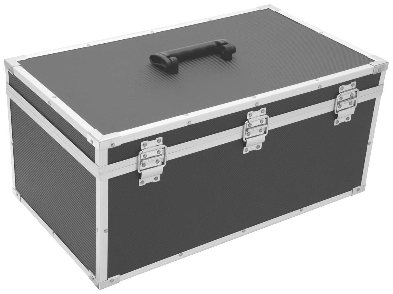 En rektangulær, robust sort transportkasse med sølvfarvede kanter og låse samt et sort håndtag øverst.
