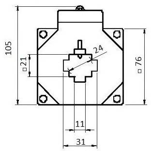 Teknisk tegning af en firkantet komponent med følgende dimensioner: 105 mm højde, 76 mm bredde, centralt korsformet element.