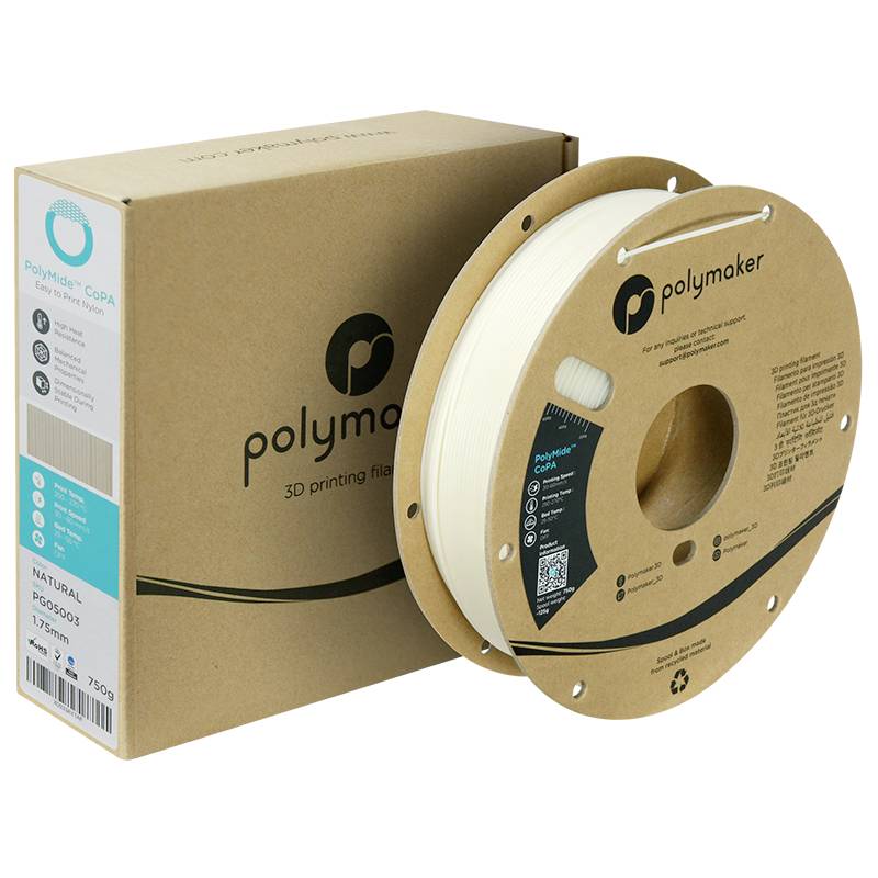 3D-printfilament fra Polymaker i naturfarve. Spolens er afbildet ved siden af en brun emballage med virksomhedens logo.