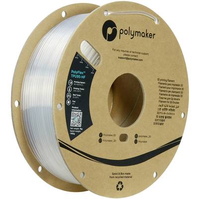 Spole med klart 3D-printfilament, mærke 'Polymaker', type 'PolyFlex TPU95-HF'. Indeholder kontaktoplysninger i den øverste del af emballagen.