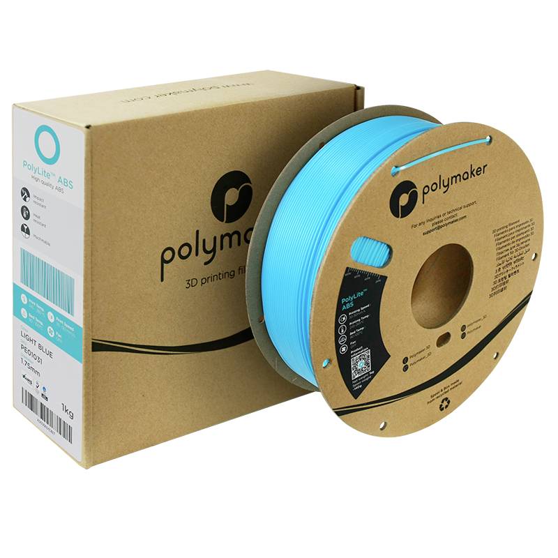 Spole af blåt 3D-print-filament ved siden af en brun emballage mærket 'polymaker'.