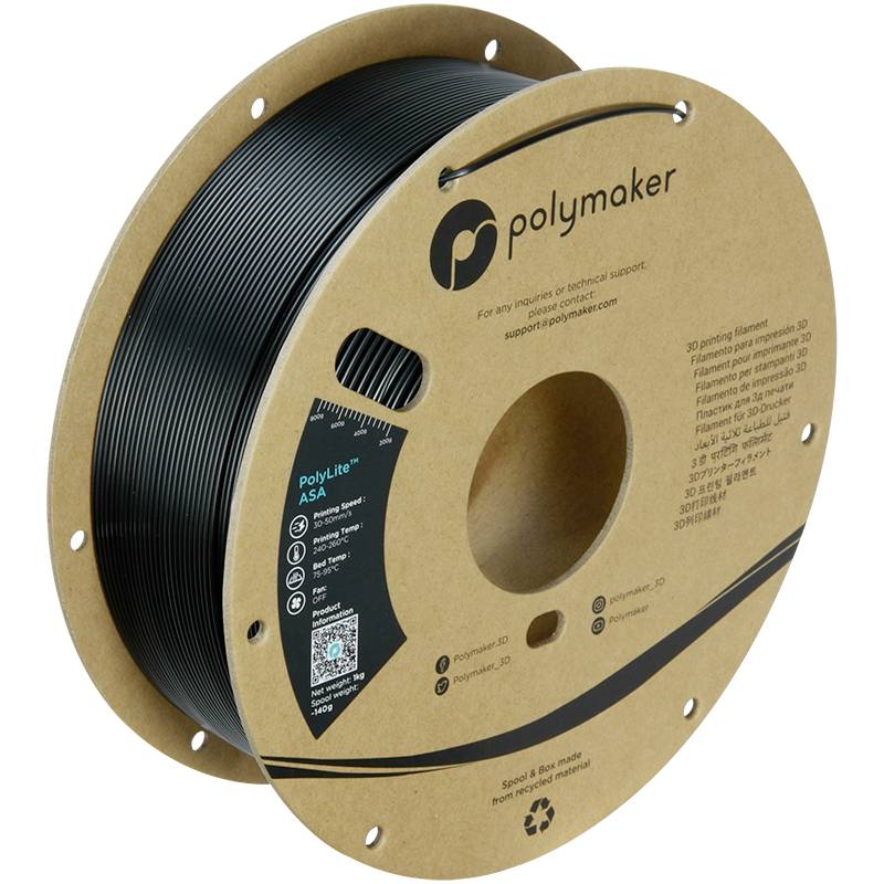 En rulle sort 3D-printerfilament fra mærket Polymaker, fremstillet af ASA-materiale, på en papspole med mærkedetaljer og genbrugssymbol.