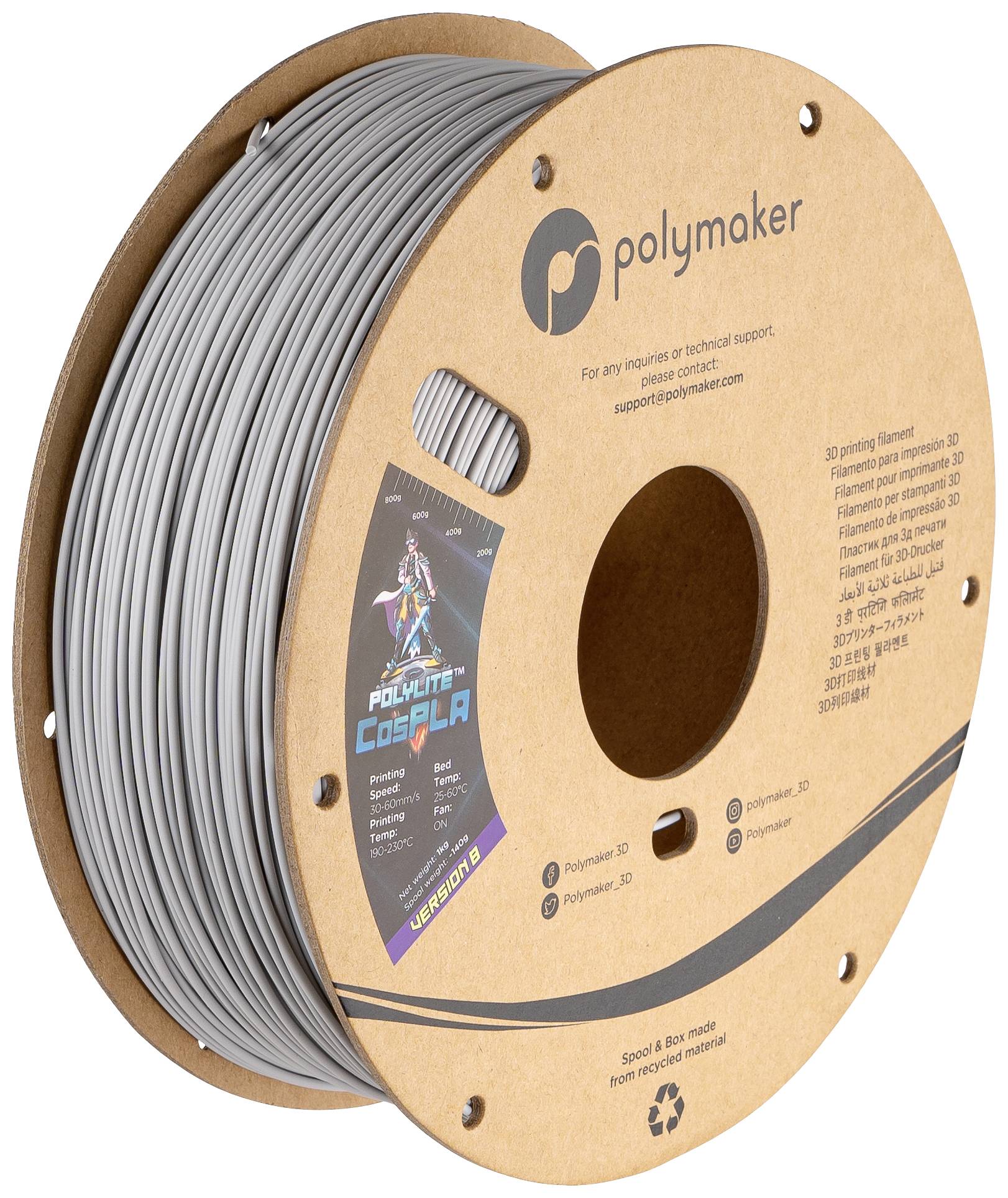 En spole med gråt 3D-printer-filament fra Polymaker, betegnet som 'PolyLite CosPLA'.
