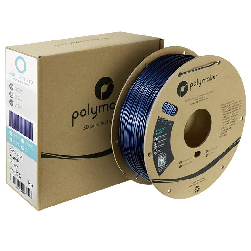 Polymaker PETG 3D-printermateriale i blå, på en rulle ved siden af emballagen, med en vægt på 1 kg.