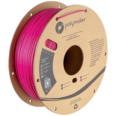 Rulle med lyserødt 3D-printer-filament fra mærket 'Polymaker', pakket i brun pap-æske, forsynet med etiket for teknisk support.