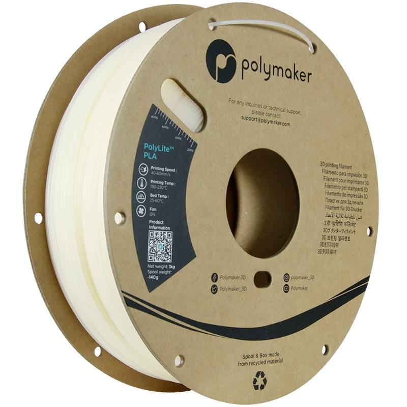Billedet viser en spole med 3D-printer-filament fra Polymaker, PolyLite PLA, i naturlig farve, bedste printtemperatur 190-230°C.