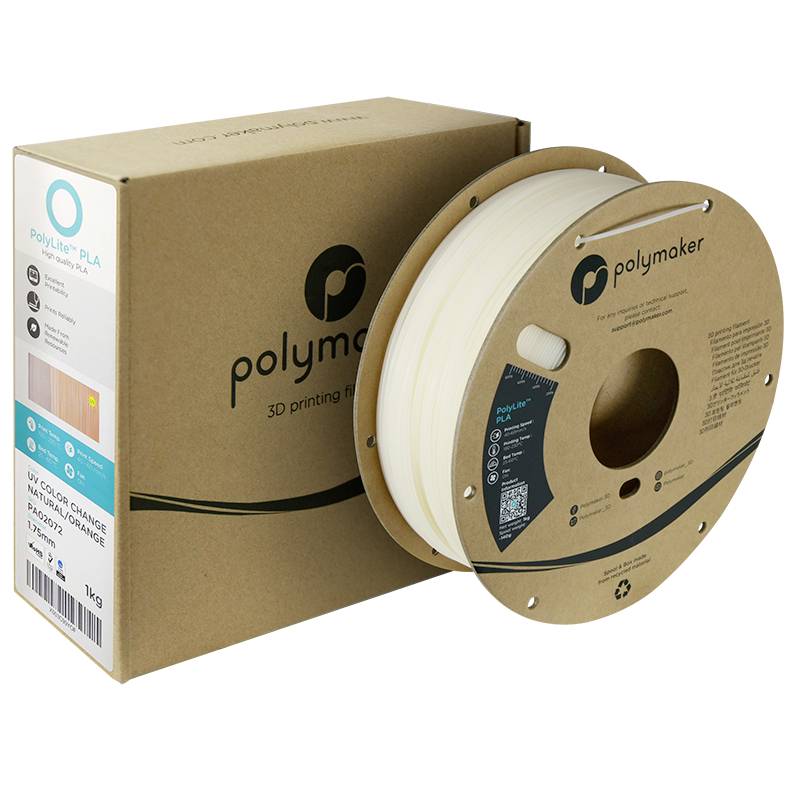 En rulle Polymaker PLA-filament i hvid, egnet til 3D-printere. Emballagen viser varemærkets logo og produktoplysninger.
