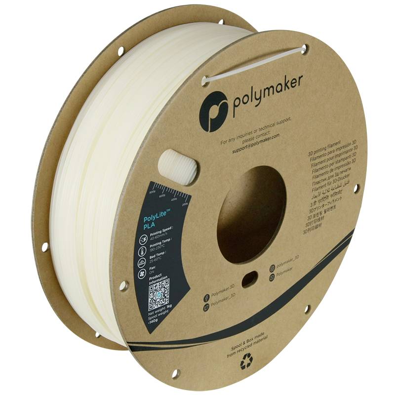 En rulle naturhvid PLA 3D-printfilament fra Polymaker, pakket på en miljøvenlig papirspole.