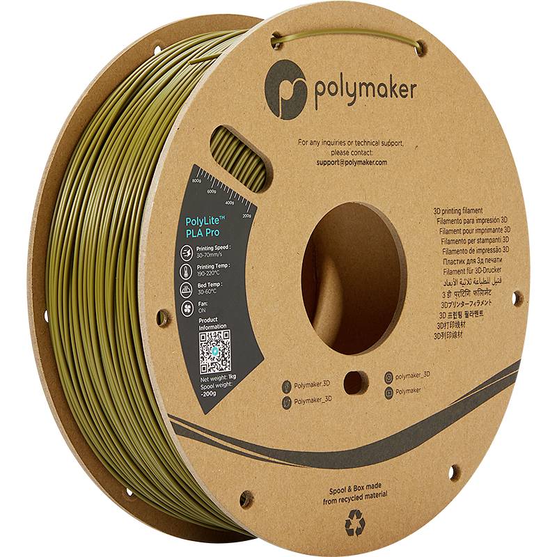 En spole med Polymaker PolyLite PLA Pro filament i farven Ocker, placeret i en papkasse. Beskrivelser af printegenskaber er synlige.