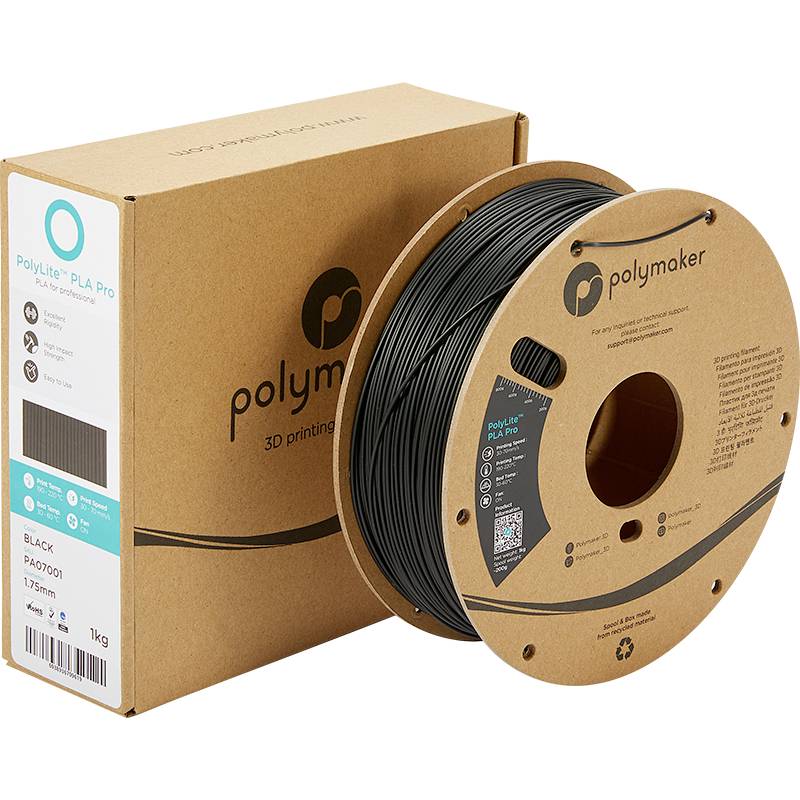 3D-printfilament fra Polymaker i sort farve. Rullen er vist ved siden af emballagen. Vægt 1 kg, diameter 1,75 mm.