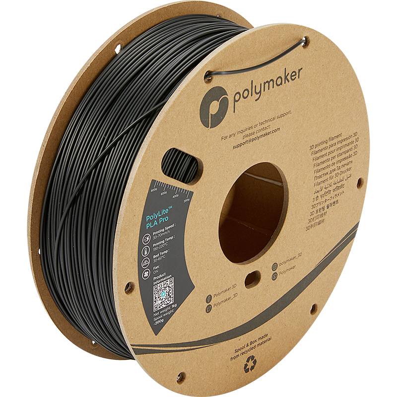 En spoole sort filament til 3D-printer, mærke 'Polymaker' med tekniske detaljer og QR-kode på emballagen.