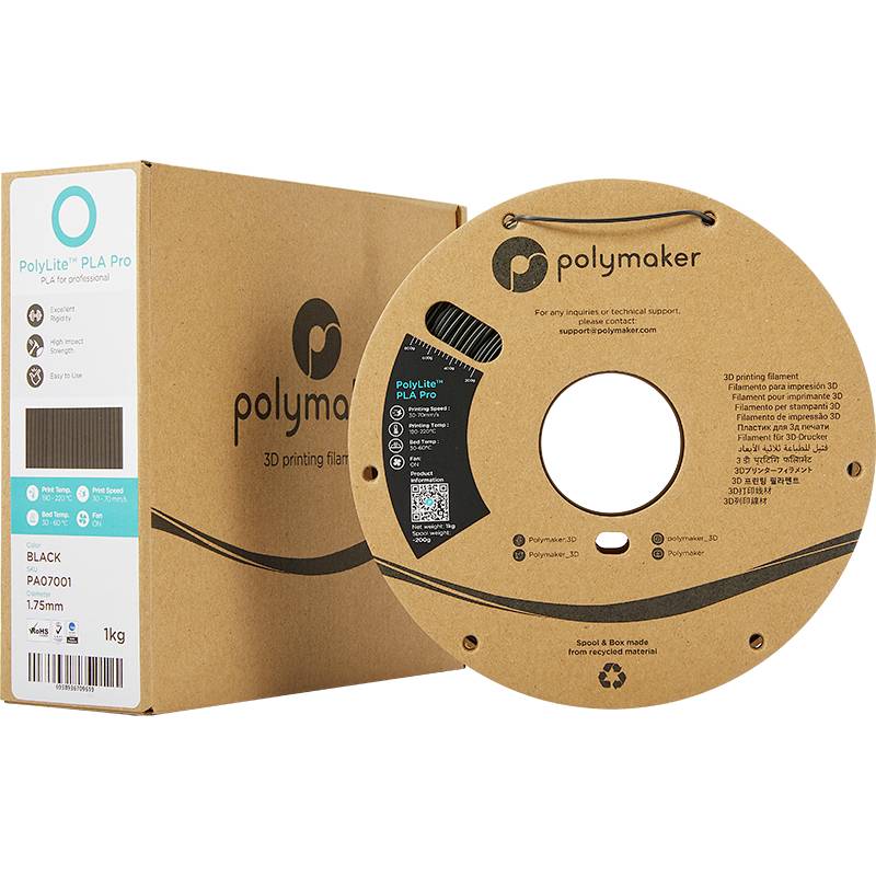 Emballage og spole af en Polymaker PolyLite PLA Pro 3D-printfilament i sort, 1,75 mm, 1 kg, genanvendelig, viser produktdetaljer.