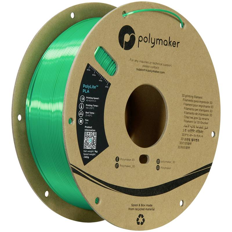 Grøn PLA-filamentspole til 3D-printer fra mærket Polymaker. Fremstillet af genanvendte materialer.