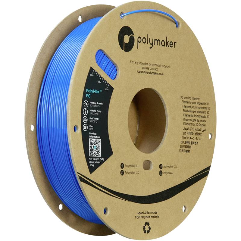 En rulle blåt filament fra Polymaker, egnet til 3D-print, med tekniske specifikationer og kontaktoplysninger på etiketten.