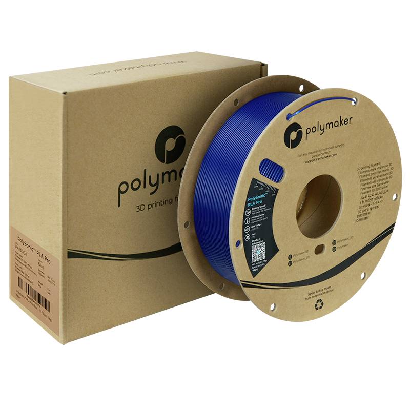 En spole med blåt 3D-printerfilament fra Polymaker, ved siden af en brun emballage. Filamenttypen er PLA Pro.