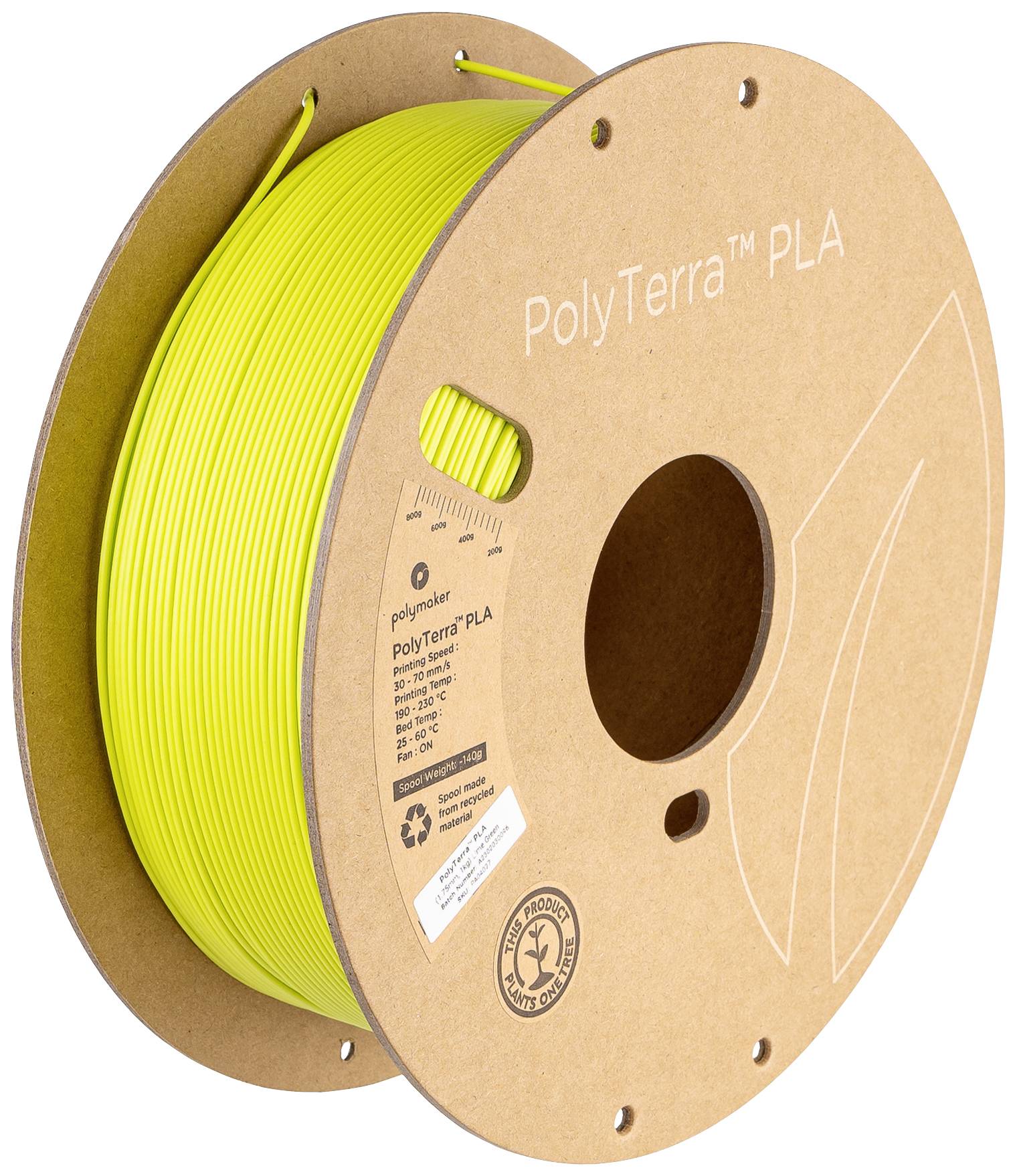 En rulle gult PolyTerra PLA-filament til 3D-printere, pakket på en miljøvenlig papspole.