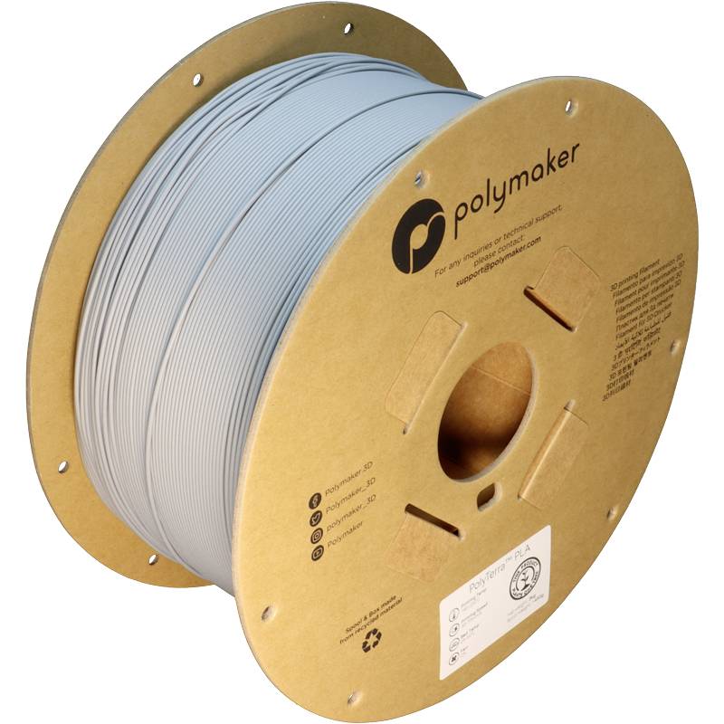En rulle grå 3D-printer-filament i PLA fra Polymaker på en paprulle.