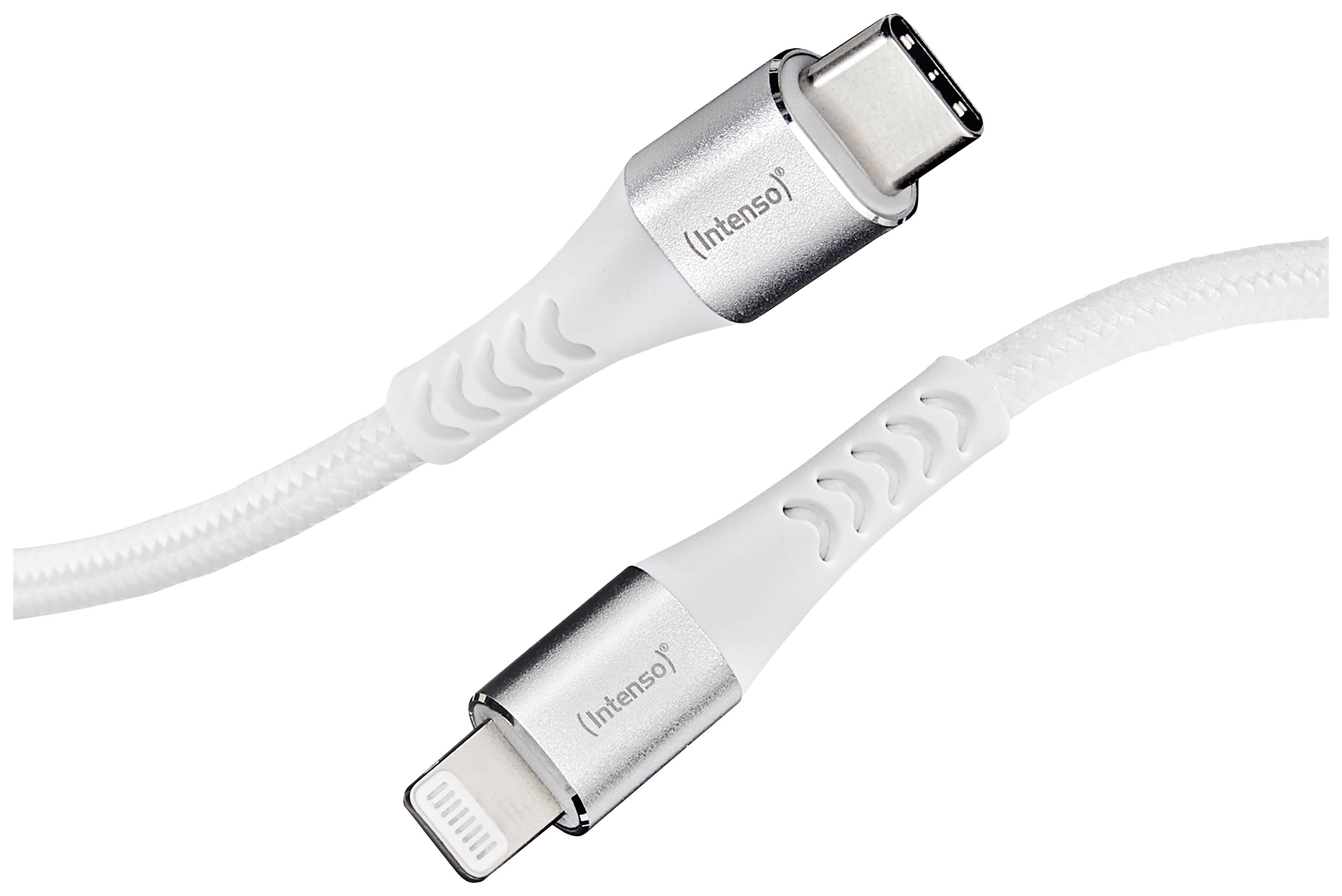 Ladekabel med USB-C og Lightning-stik i sølv-hvid farve fra 'Intenso', som viser robust konstruktion til enhedsforbindelser.