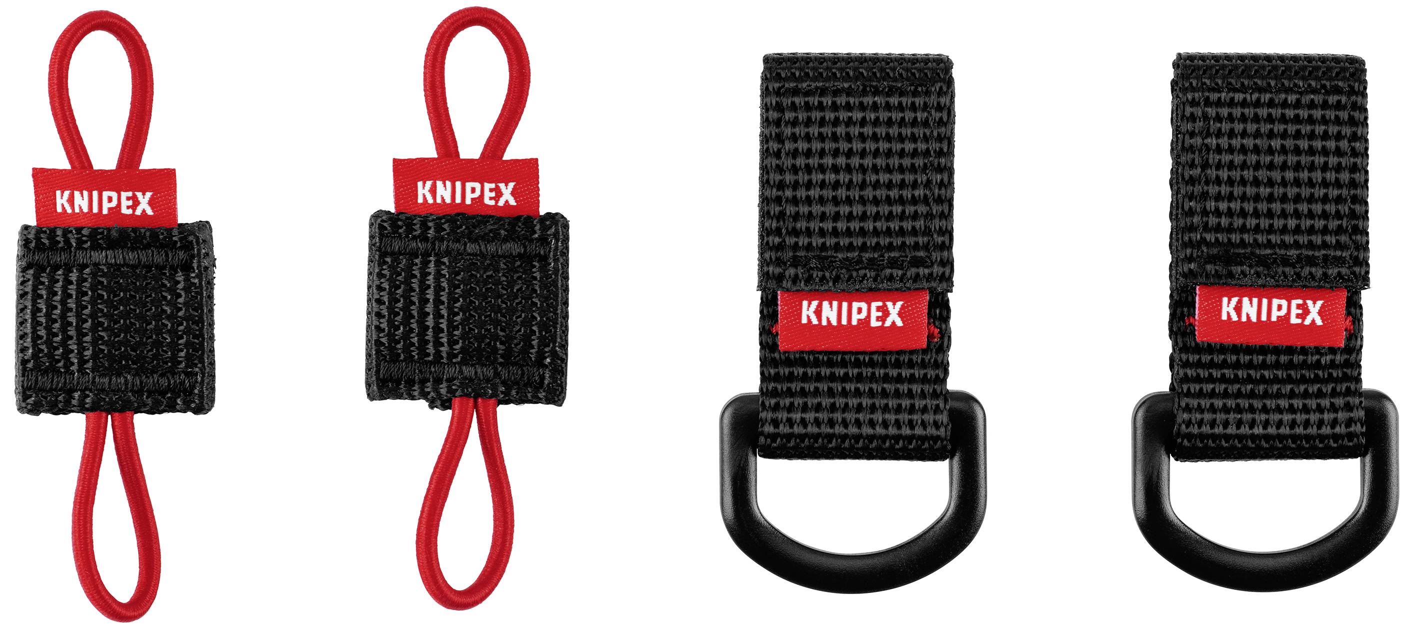 To rød slynger med sorte beslag, ved siden af to sorte beslag med slynger og D-ringe, alle forsynet med 'KNIPEX'-mærkat.