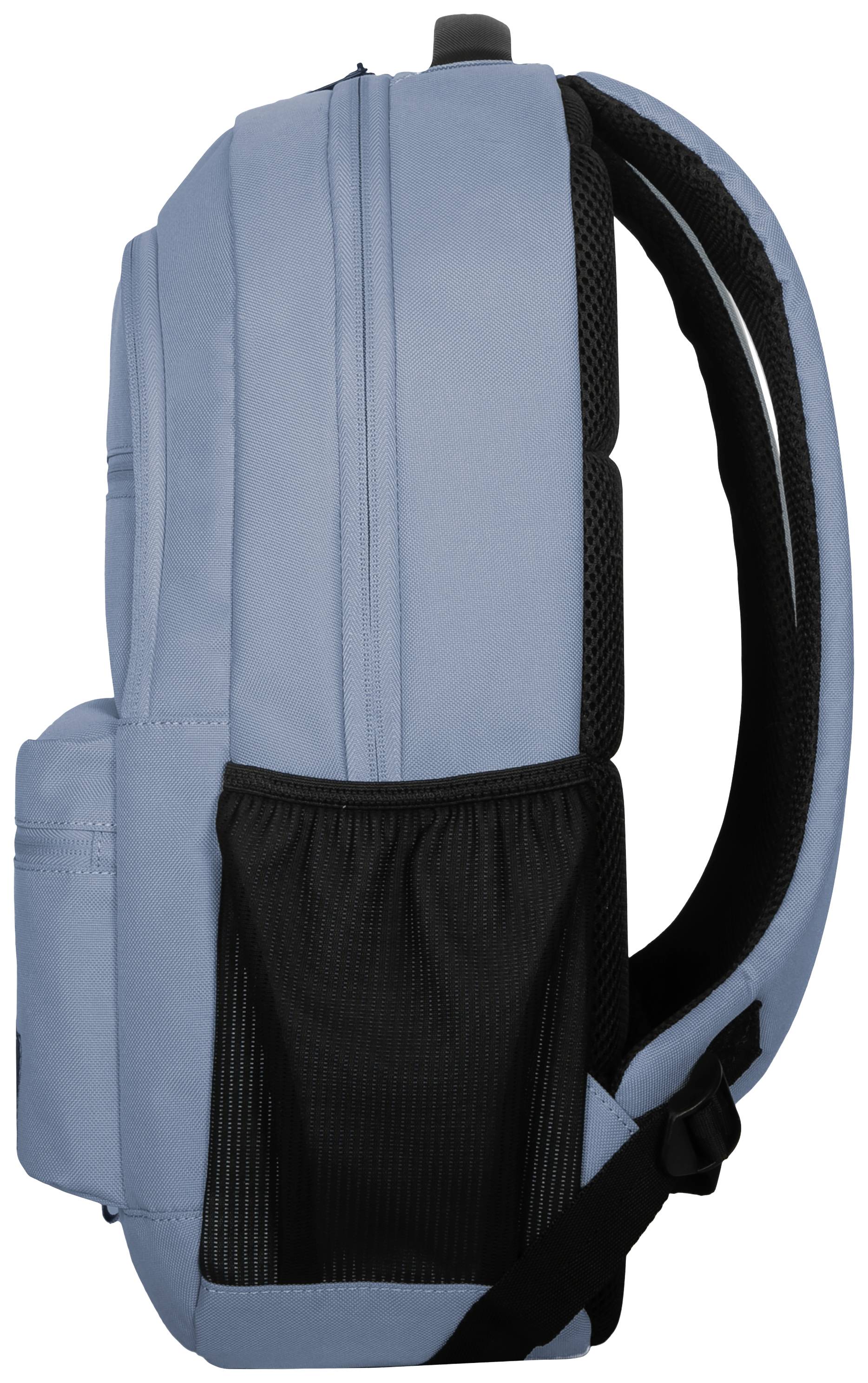 Blå rygsæk med sort netsidetaske og polstrede skulderstropper, set fra siden. Perfekt til rejser eller skole.