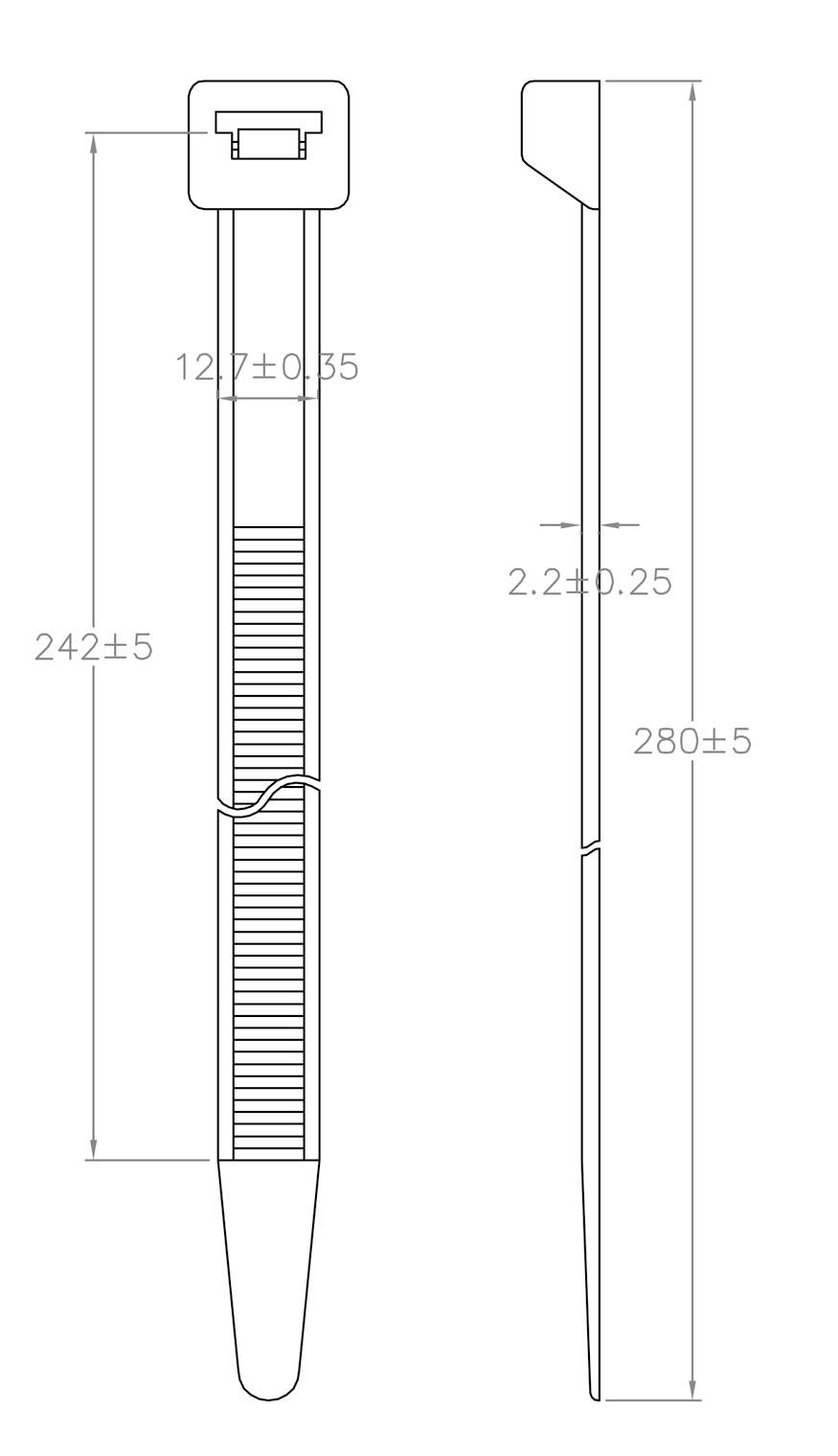 Teknisk tegning af en kabelbinder med længdeangivelser: 242±5 mm og 280±5 mm. Bredde: 12,7±0,35 mm. Tykkelse: 2,2±0,25 mm.