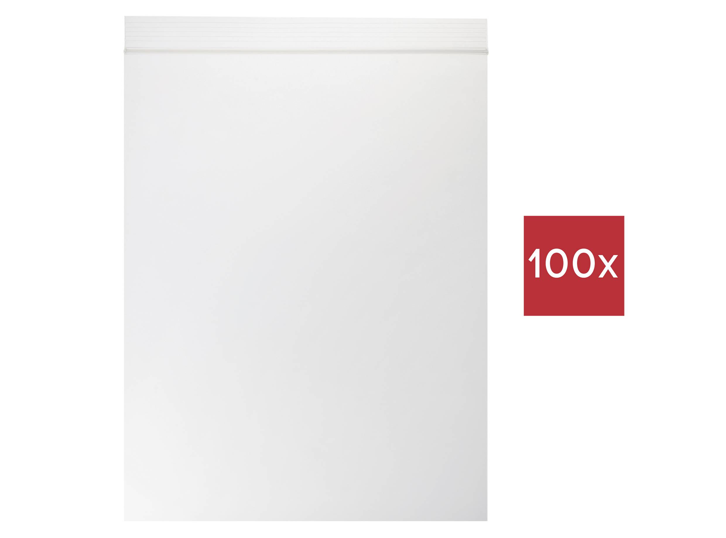 Hvid lynlåspose med rødt kvadrat, der viser '100x'.
