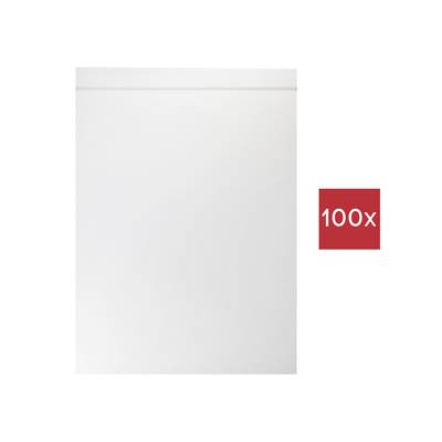 Hvid lynlåspose med rødt kvadrat, der viser '100x'.