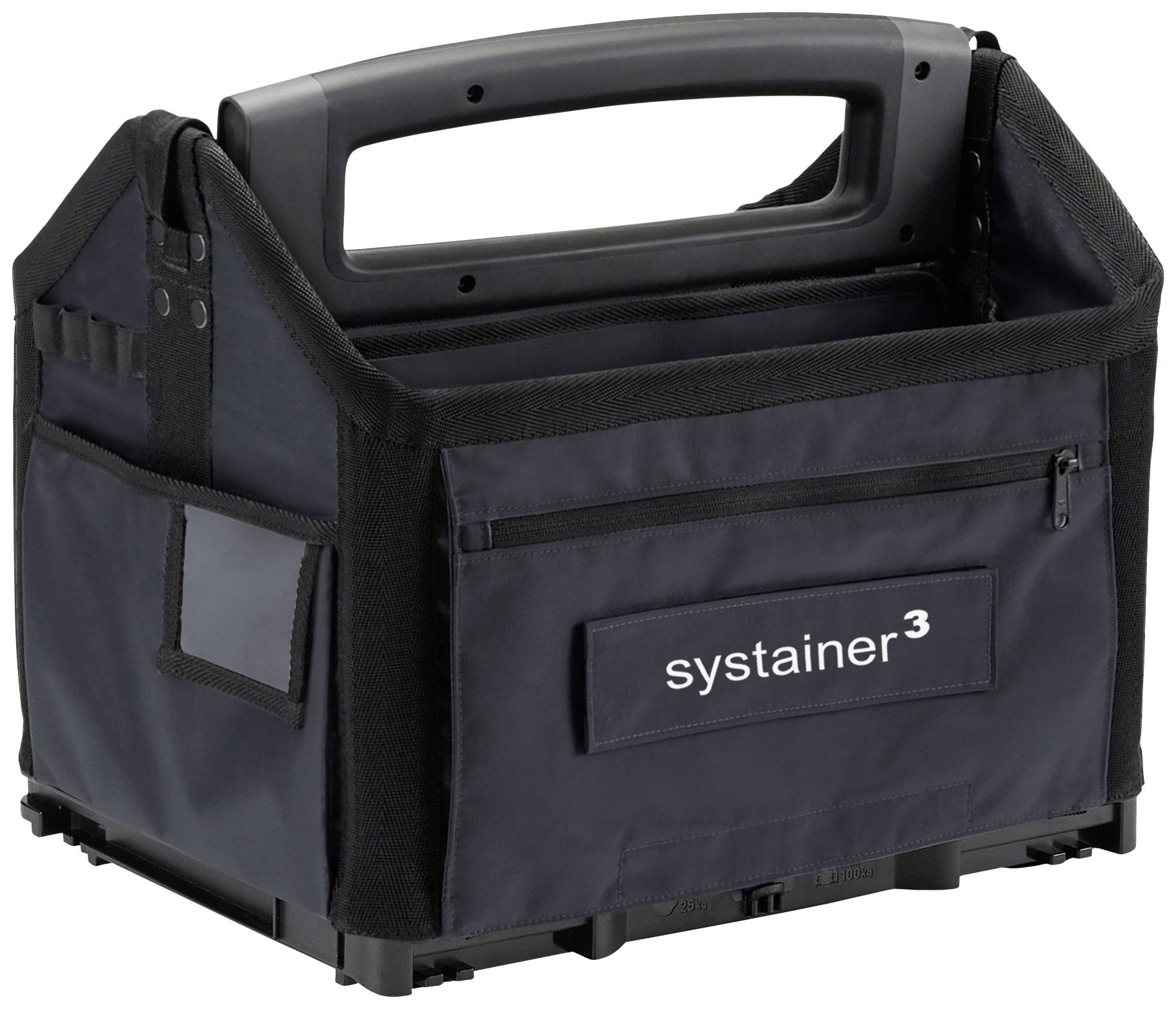 En sort værktøjstaske med påskriften 'systainer³' på forsiden og et robust håndtag øverst.