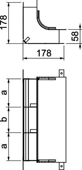 Teknisk tegning af et rektangulært objekt med følgende mål: Højde 178 mm, bredde 178 mm, dybde 58 mm. To sidevisninger.
