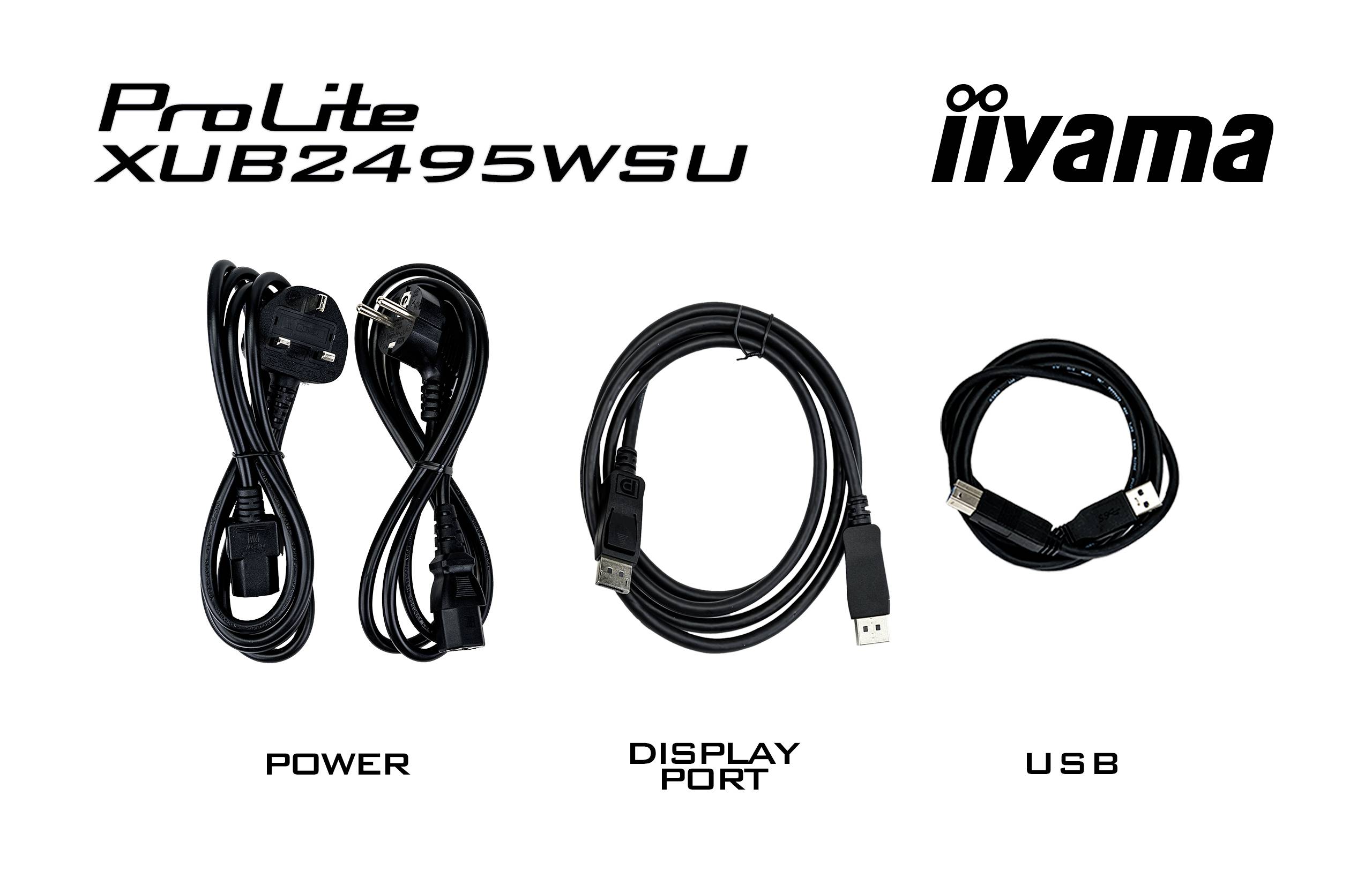 Tre kabler til iiyama-modellen 'ProLite XUB2495WSU': til venstre strømkabel (Power), i midten DisplayPort-kabel, til højre USB-kabel.