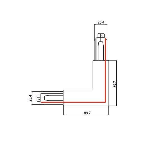 Teknisk tegning af en L-formet genstand med dimensioner: 89,7 mm længde og højde, 25,4 mm bredde. Mållinjer fremhævet.