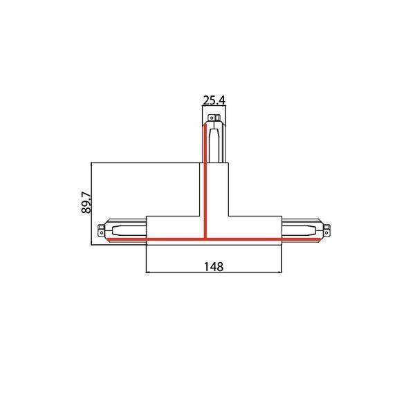 Teknisk tegning af et T-stykke med mål: Bredde 148 mm, højde 89,7 mm, lodret 25,4 mm. Mållinjer og detaljer synlige.