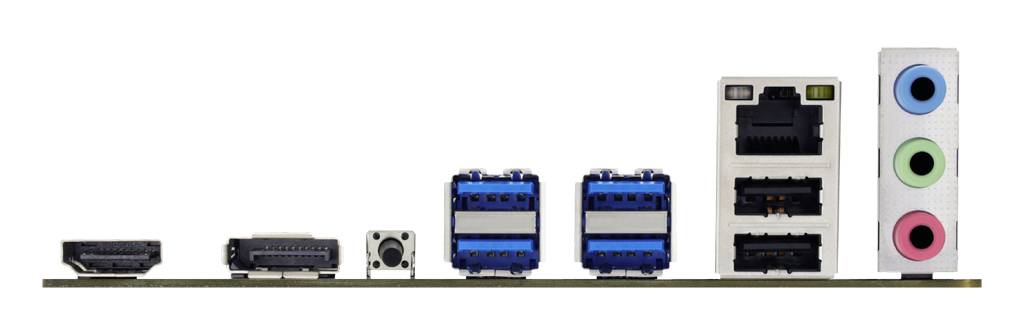 Bagsiden af en computer-bundkort med forskellige stik: HDMI, USB, Ethernet og lydstik i forskellige farver.