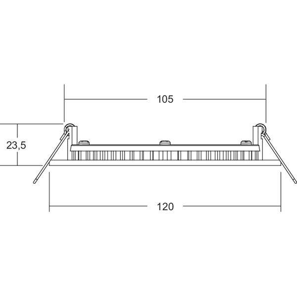 Teknisk tegning af en rund LED-indbygningsspot. Diameter 105 mm, dybde 23,5 mm, ydre bredde 120 mm. Tværsnitsvisning.