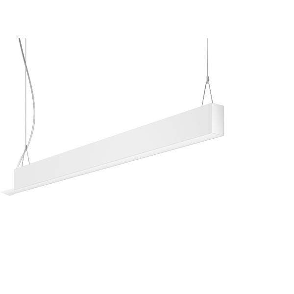 Hvid, rektangulær hængelampe, fastgjort til loftet med to tynde tråde. Minimalistisk design.