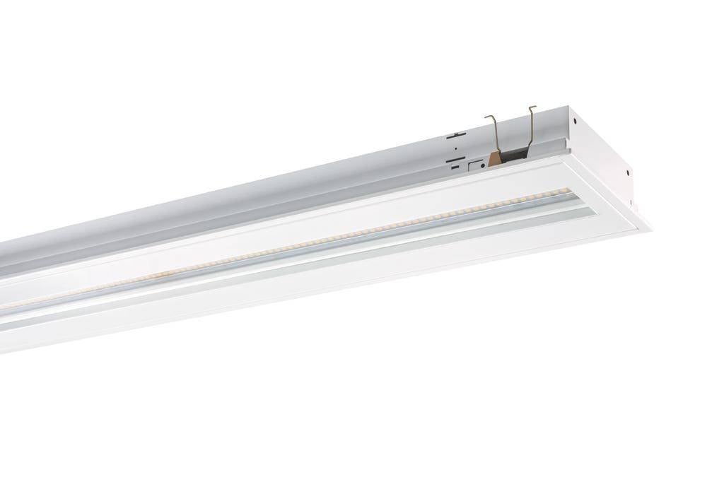 En hvid LED-loftslampe i rektangulær form, egnet til belysning i kontormiljøer.