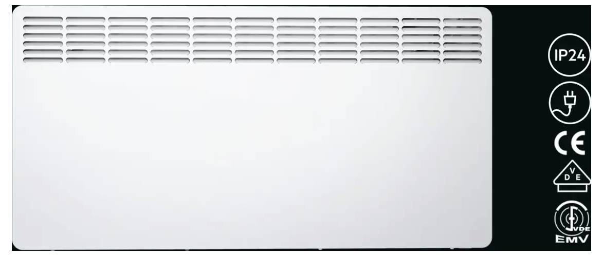 En hvid elektrisk radiator med ventilationsslitser øverst. På højre side symboler: 'IP24', strømstik, CE-mærke, dobbelt sikkerhedssymbol.